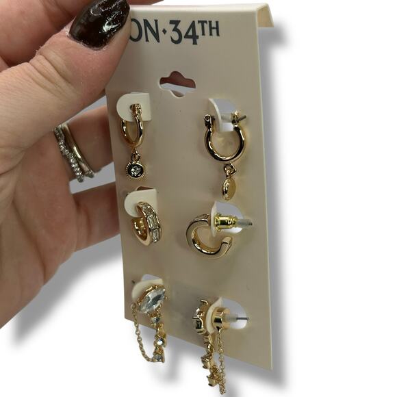 NEW On 34th Gold Earring Set Trio Pave Mini Hoop Dangle Chain Small StackNWT - Picture 2 of 7